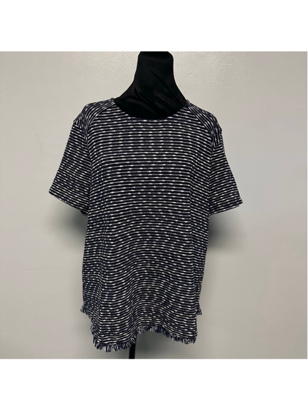 EMELIA Navy White Striped Knit Short Sleeve Blouse Size XL Fringe